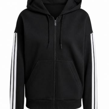 Black Full-Zip Hoodie with Double White Sleeve Stripes