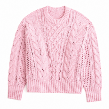 Light Pink Cable Knit Pullover Sweater with Crew Neck