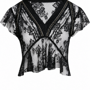 Black Floral Sheer Lace Deep V-Neck Flutter Sleeve Top