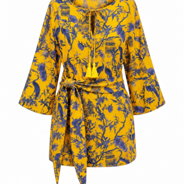 Yellow Tunic Dress with Botanical Print and Tassel Ties