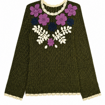Olive Green Crochet Top with Floral Motif and Scalloped Trim