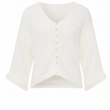 White Cropped Knit Cardigan with V-Neck and Three-Quarter Sleeves
