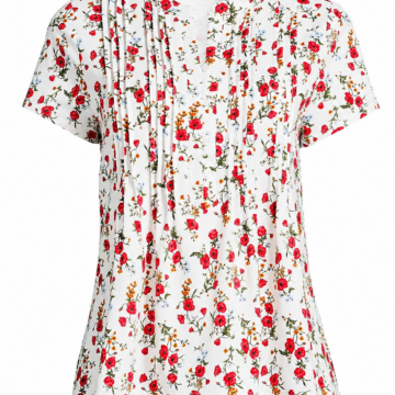 White Short-Sleeve Blouse with Red and Orange Rose Floral Print