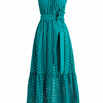 Teal Eyelet Maxi Dress with Tie Belt