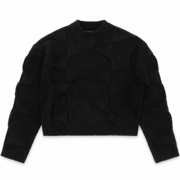 Black Cable Knit Crewneck Sweater - Cropped Boxy Fit
