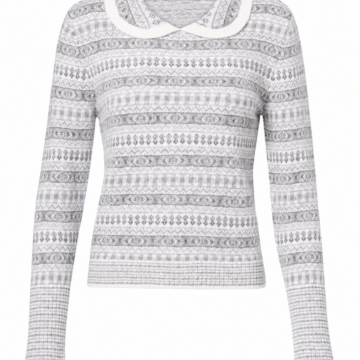 Light Grey Heathered Jacquard Knit Top with White Collar