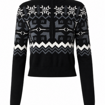 Black Slim Fit Knit Sweater with Geometric Winter Pattern and Mock Neck
