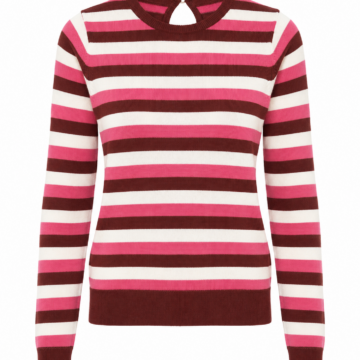 Pink Stripe Knit Sweater with Round Neck and Keyhole Back
