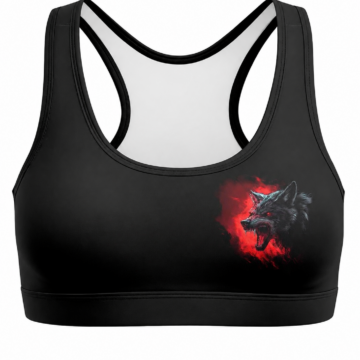 Black Scoop Neck Racerback Sports Bra with Wolf Print
