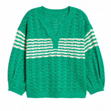 Green Oversized Knit Sweater with V-Neck and Pointelle Pattern