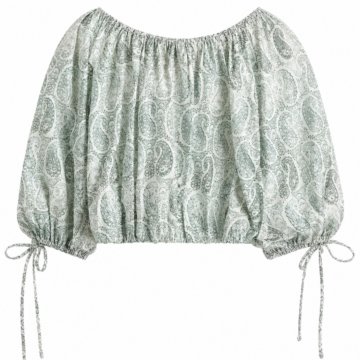 Light Green and White Paisley Print Off-Shoulder Cropped Blouson Top