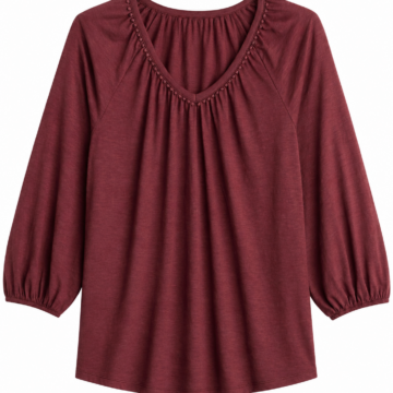 Burgundy Relaxed V-Neck Top with Stud Trim and Pleated Front