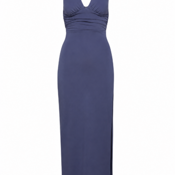 Dark Blue Sleeveless V-Neck Maxi Dress with Ruched Bust and Side Slit