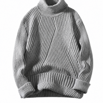 Heather Grey Chunky Knit Turtleneck Sweater with Geometric Pattern