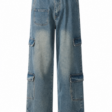 Medium Blue Washed Wide-Leg Cargo Jeans with Patch Pockets